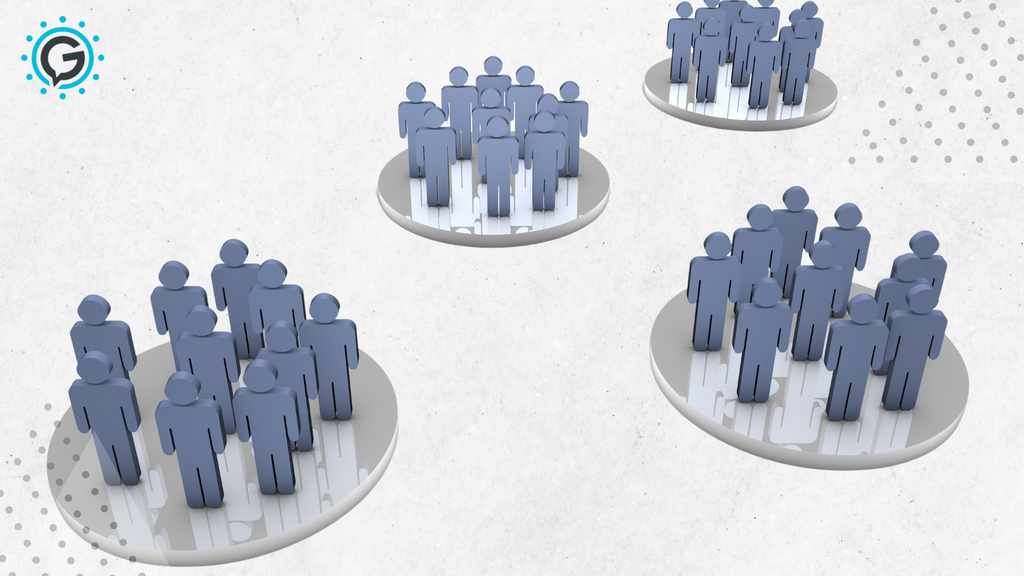 Four silver circles float in the air above an off-white surface. On each circle there are 10 animated blue people icons standing.