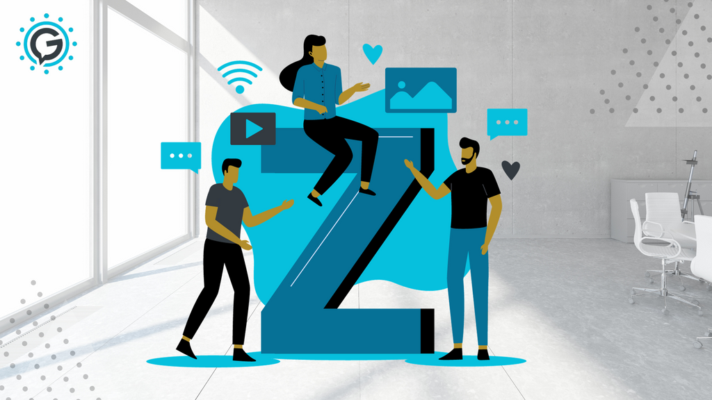 A cartoon of two people on either side of a large blue letter "Z" with a cartoon woman sitting on top. They are surrounded by blue symbols like a play button, wifi symbol, and speech bubbles.,