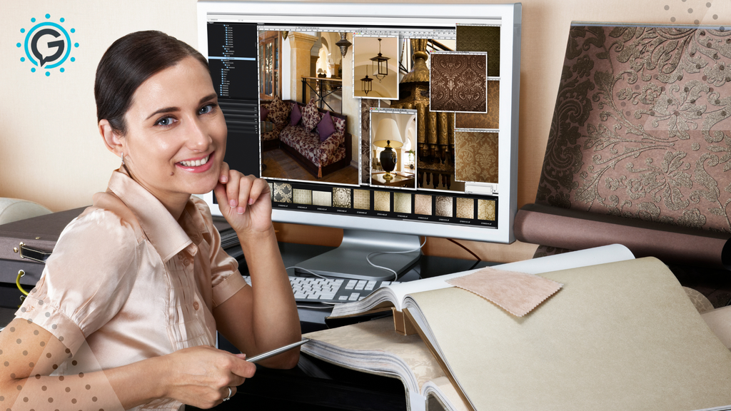 A white woman with slicked back dark brown hair turns and smiled in her chair smiling with her computer screen in the background with interior decorating images of couches, lights, and more.