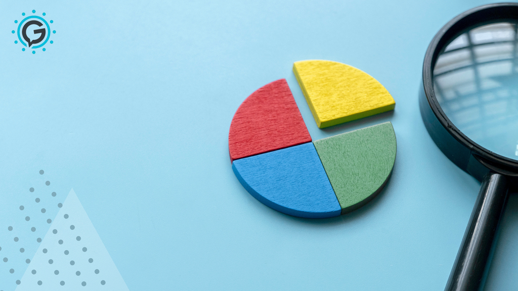 A circle made out of wood cut into four colorful sections (red, blue, green and yellow), with a black magnifying glass next to it on a light blue background.