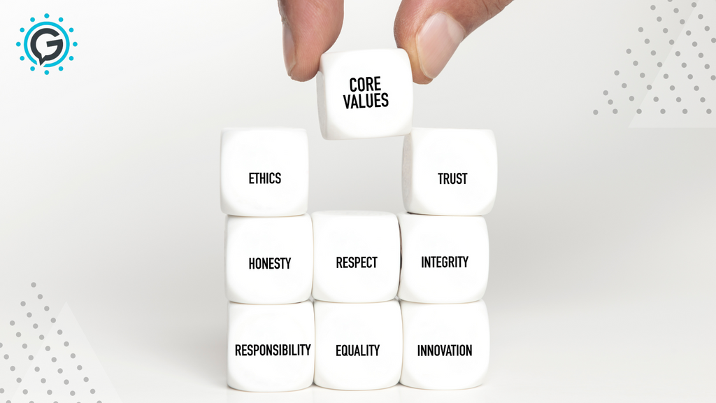 Two fingers placing a small white dice with the words "core values" printed in black on top of 8 other white cubes with the words ethics, trust, honest, respect, integrity, responsibility, equality, and innovation on them.