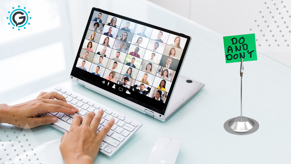 An online video meeting on a small computer with a green sticky note reading "do and don't" on the white desk next to the laptop.