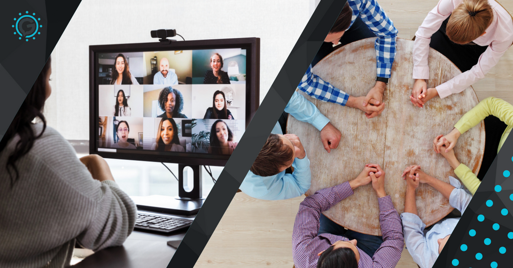 One image of a person on a video call and another image of six people sitting at a table.