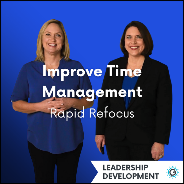 Two women standing side by side on a blue background. GettaMeeting's "Improve Time Management: Rapid Refocus" presentation meeting module. This module is a part of the Leadership Development series.