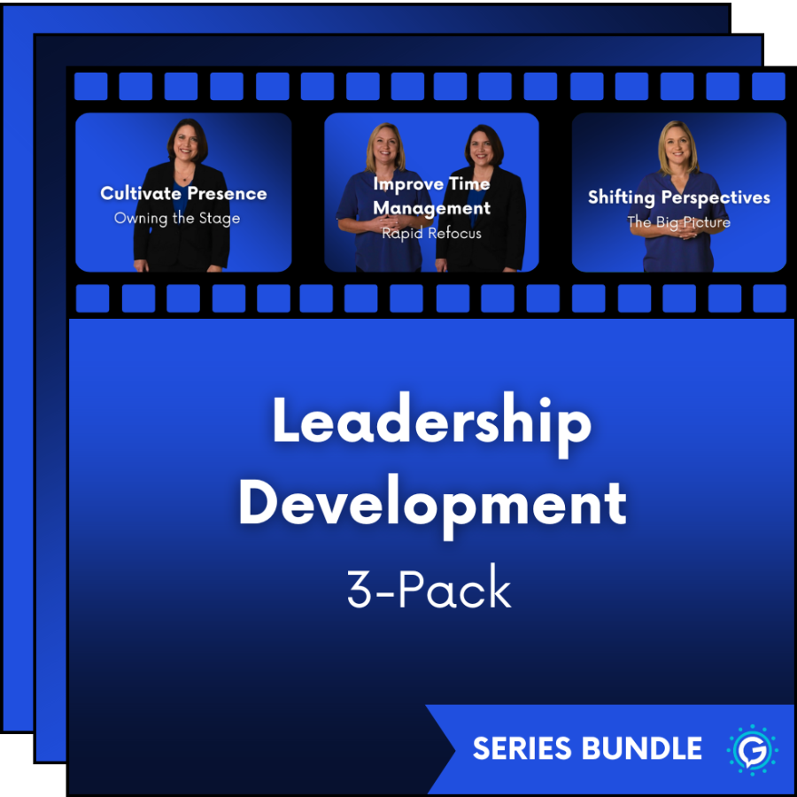 GettaMeeting's Leadership Development series bundle includes three presentation meeting modules: Shifting Perspectives, Cultivate Presence and Improve Time Management. Three images are at the top of the cobalt blue image featuring expert facilitators Trinda East and/or Brenda Rountree.