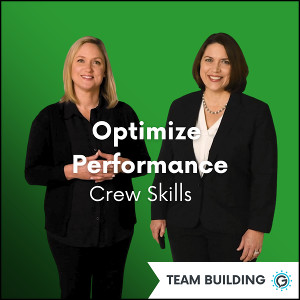 Two women in professional attire with text 'Optimize Performance Crew Skills' on a green background. This module is a part of the Team Building series.