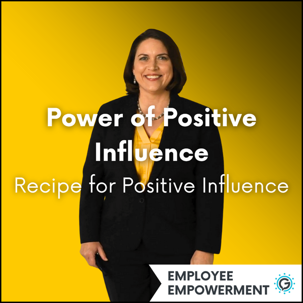 Woman in a black suit with text 'Power of Positive Influence' on a yellow background. This module is a part of the Employee Empowerment series.