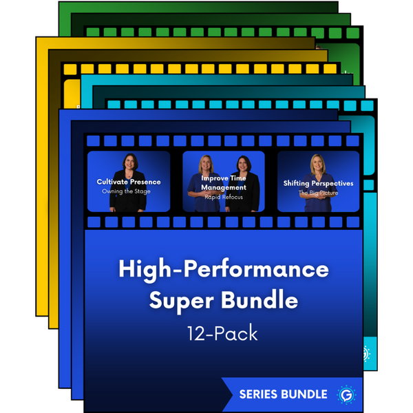 High-Performance Super Bundle 12-Pack with three women on a blue screen, surrounded by colorful borders. The High-Performance Super Bundle includes all twelve meeting modules.
