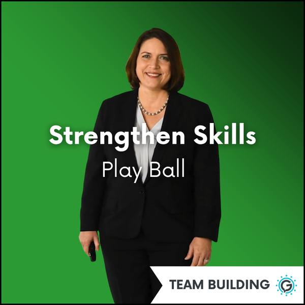 Woman in a suit standing against a green background with text: GettaMeeting's "Strengthen Skills: Play Ball" presentation meeting module.
