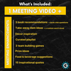 A list of what's included in GettaMeeting's meeting module, including one meeting video and many meeting enhancements such as book reccommentations, team building games, and more.