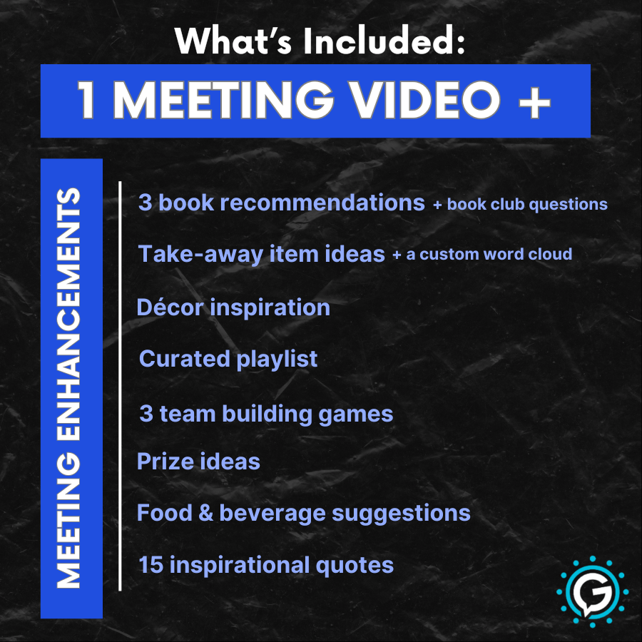 A list of what's included in GettaMeeting's meeting module, including one meeting video and many meeting enhancements such as book reccommentations, team building games, and more.
