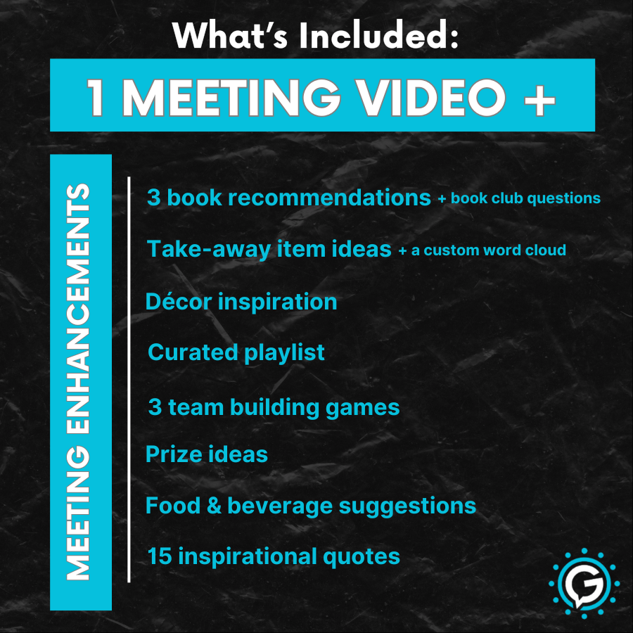 A list of what's included in GettaMeeting's meeting module, including one meeting video and many meeting enhancements such as book reccommentations, team building games, and more.
