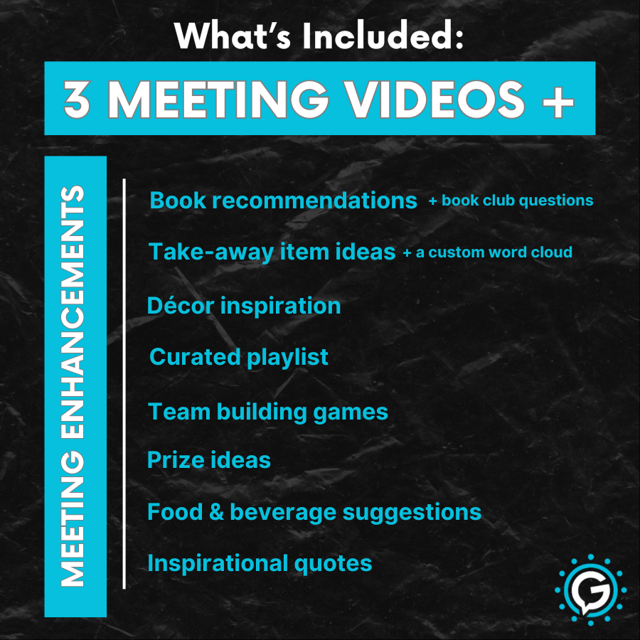 A list of what's included in GettaMeeting's Workplace Productivity Series Bundle, including three meeting video and many meeting enhancements such as book reccommentations, team building games, and more.