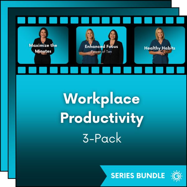 Image for GettaMeeting's Workplace Productivity 3-pack presentation series bundle, featuring a light blue background with text and a badge icon.