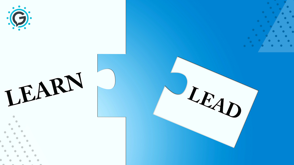 A white puzzle piece with the word "lead on it" on a blue background and to the right of a large, white, matching puzzle piece with the word "learn" on it.