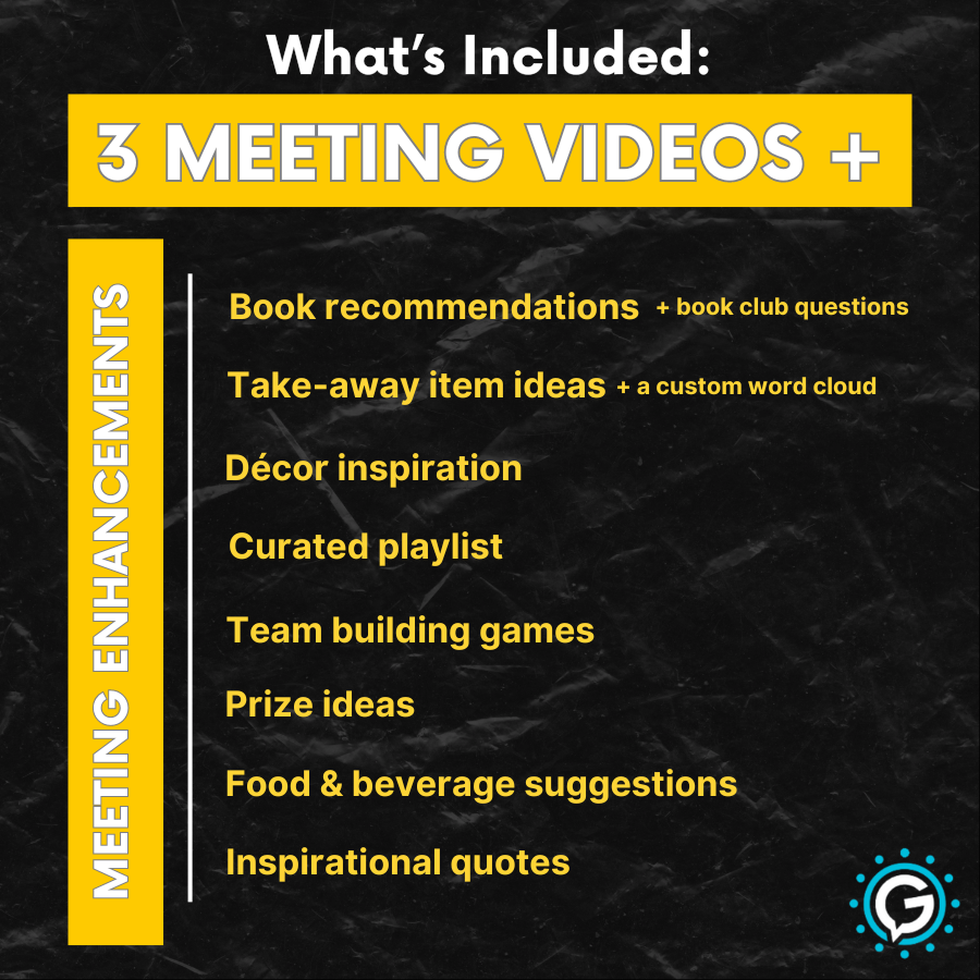 A list of what's included in GettaMeeting's Employee Empowerment Series Bundle, including three meeting video and many meeting enhancements such as book reccommentations, team building games, and more.