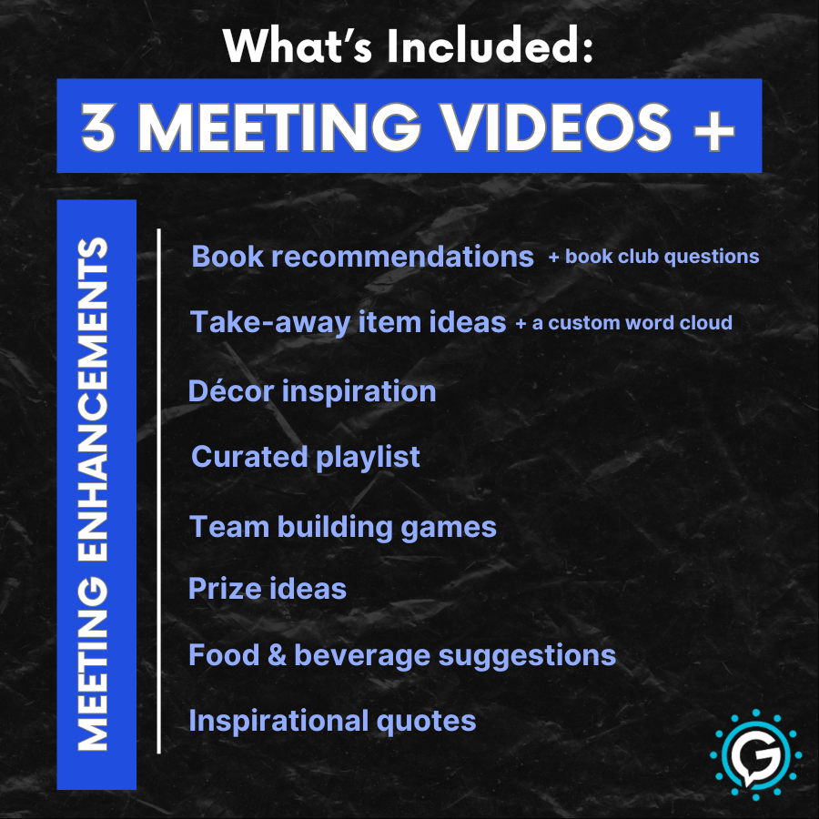 A list of what's included in GettaMeeting's Leadership Development Series Bundle, including three meeting video and many meeting enhancements such as book reccommentations, team building games, and more.