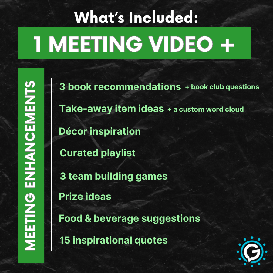 A list of what's included in GettaMeeting's meeting module, including one meeting video and many meeting enhancements such as book reccommentations, team building games, and more.