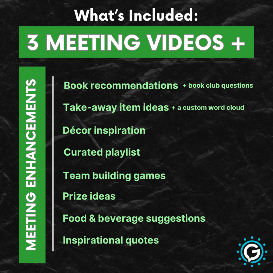 A list of what's included in GettaMeeting's Team Building Series Bundle, including three meeting video and many meeting enhancements such as book reccommentations, team building games, and more.