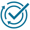 a blue image symbolizing results with arrows moving around a check mark